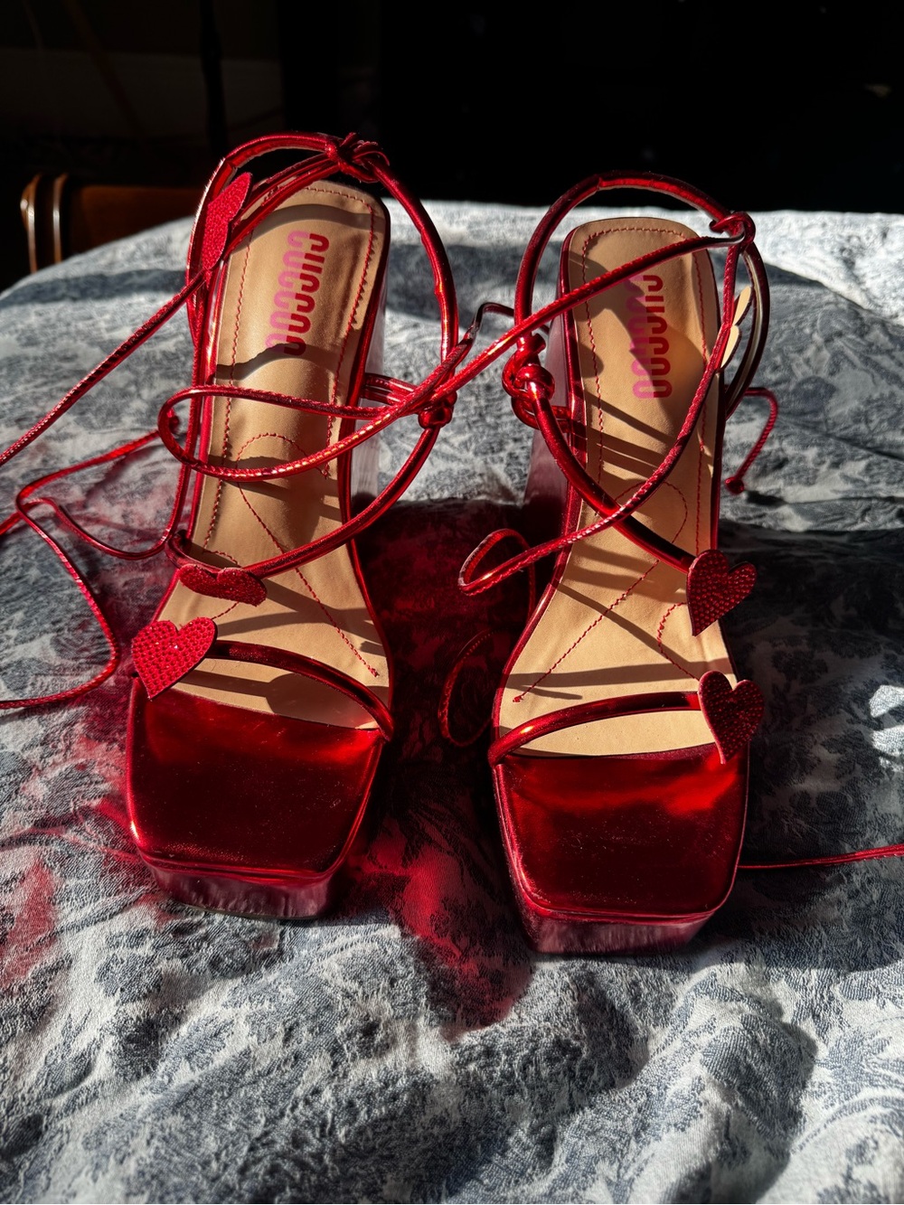 Red Lace-Up Heart Gladiator Platform Sandals